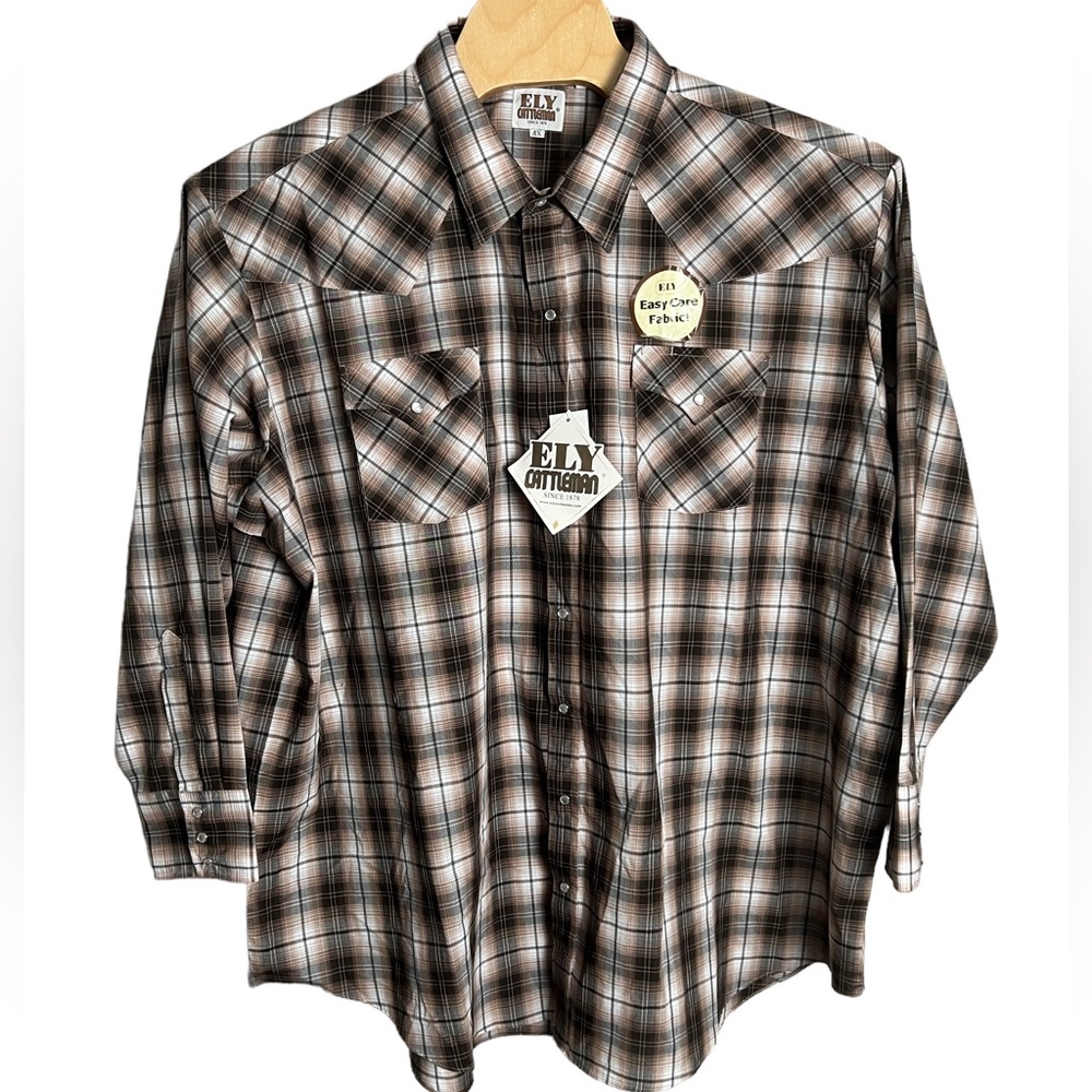 Ely Cattleman Big Man Western Brown Plaid Pearl Snap‎ Long Sleeve Shirt Size 4X
